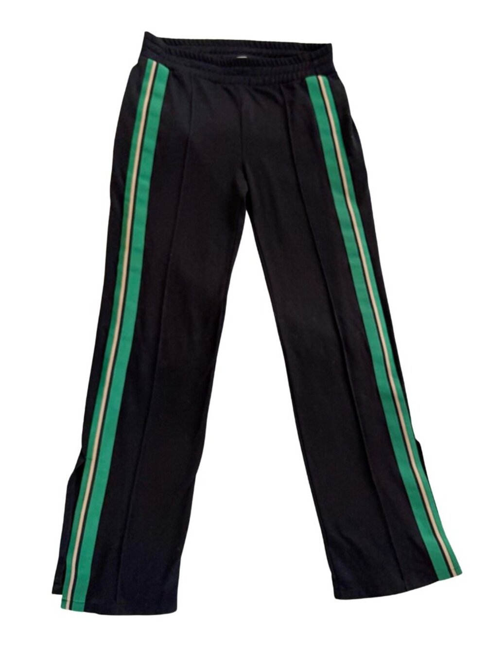 Zara Black Wide-Leg Track Pants with Green & Cream Side Stripe, Split Hem